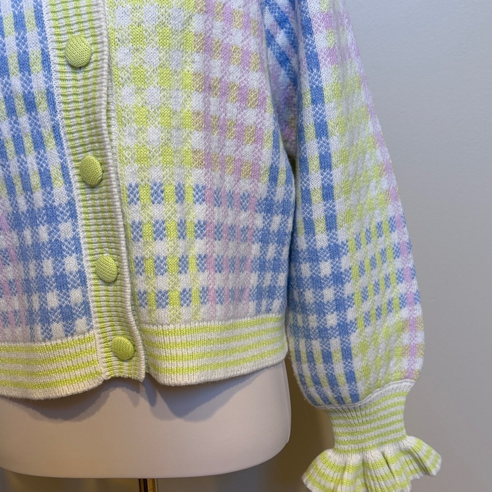 LoveShackFancy Pastel Gingham Knit Cardigan Ruffle Cuff Button Front Size M - Picture 4 of 6